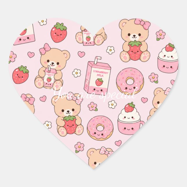Cute Kawaii Strawberry Teddy Bear Pattern | Pink  Heart Sticker (Front)