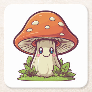 Cute kawaii style, Mushroom foraging Square Paper Coaster