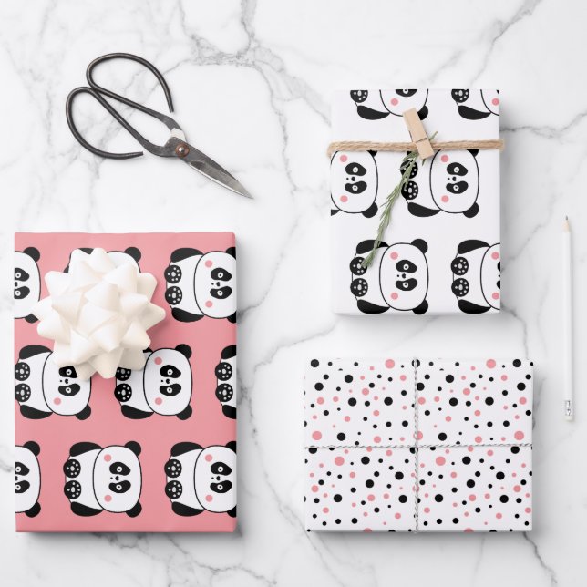 Cute kawaii-style panda wrapping paper (Front)