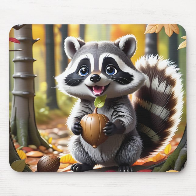 Cute Kawaii style Raccoon Autumn Setting Mouse Pad (Front)