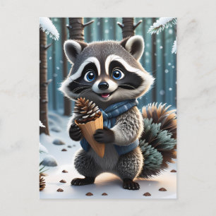 Cute Kawaii style Raccoon with a Pine cream cone Postcard
