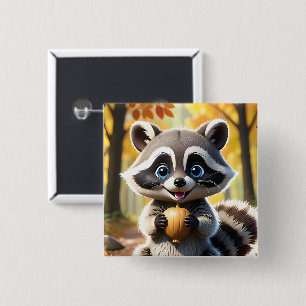 Cute Kawaii style Racoon holding an acorn  15 Cm Square Badge