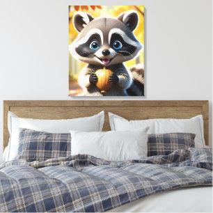 Cute Kawaii style Racoon holding an acorn Canvas Print