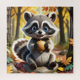Cute Kawaii style Racoon holding an acorn Jigsaw Puzzle