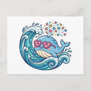 Cute Kawaii Summer Blue Whale Heart SunglasSticker Announcement Postcard