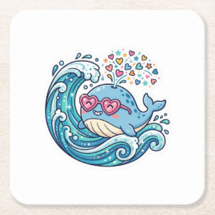 Cute Kawaii Summer Blue Whale Heart SunglasSticker Square Paper Coaster