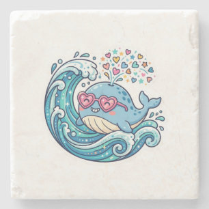 Cute Kawaii Summer Blue Whale Heart SunglasSticker Stone Coaster