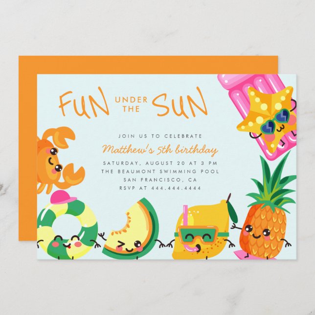 Cute Kawaii Summer Fun Under The Sun Kids Birthday Invitation (Front/Back)