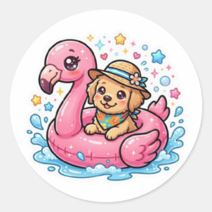 Cute Kawaii Summer Puppy Flamingo Pool FloaSticker Classic Round Sticker