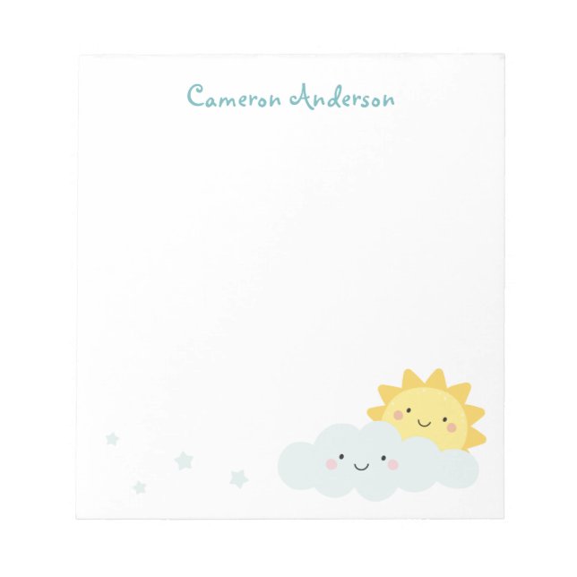 Cute kawaii sun and cloud personalised name text notepad (Front)