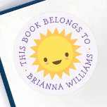 Cute kawaii sun light purple bookplate sticker<br><div class="desc">Cute book labels or bookplate stickers featuring a happy,  kawaii style sun on a pale purple background. Customisable purple text: "This book belongs to" and your custom name. Great for labelling school books and your personal or family library</div>