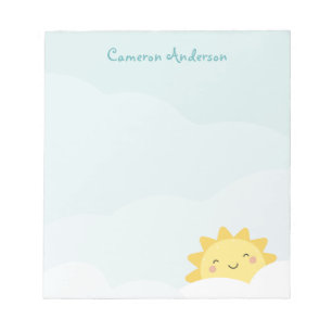Cute kawaii sun on cloud background add name text notepad