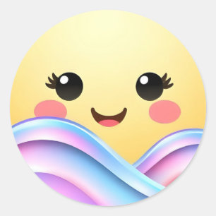 Cute Kawaii Sun over Pastel Rainbow Waves Sticker