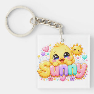 Cute Kawaii Sunny Chick Name Pastel Pink Sparkling Key Ring