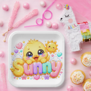 Cute Kawaii Sunny Chick Name Pastel Pink Sparkling Paper Plate