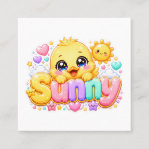 Cute Kawaii Sunny Chick Name Pastel Pink Sparkling Square Business Card