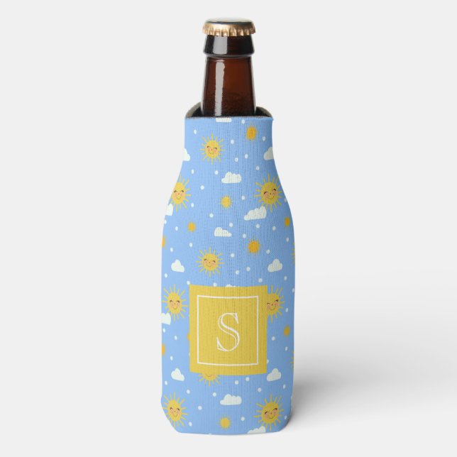 Cute Kawaii Sunshine Clouds Personalised Bottle Cooler (Bottle Front)
