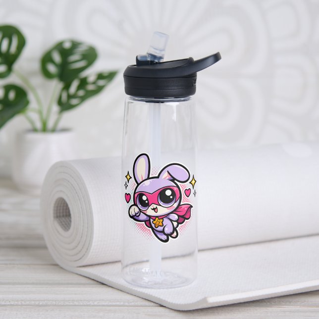Cute Kawaii Superhero Bunny Water Bottle  (Yoga (Rotated))
