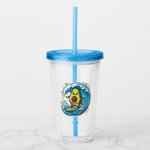 Cute Kawaii Surfing Avocado Ocean Wave SummSticker Acrylic Tumbler
