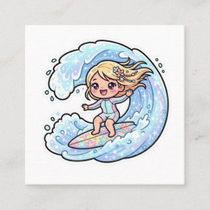 Cute Kawaii Surfing Girl Ocean Wave Summer Sticker Square Business Card