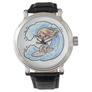 Cute Kawaii Surfing Girl Ocean Wave Summer Sticker Watch