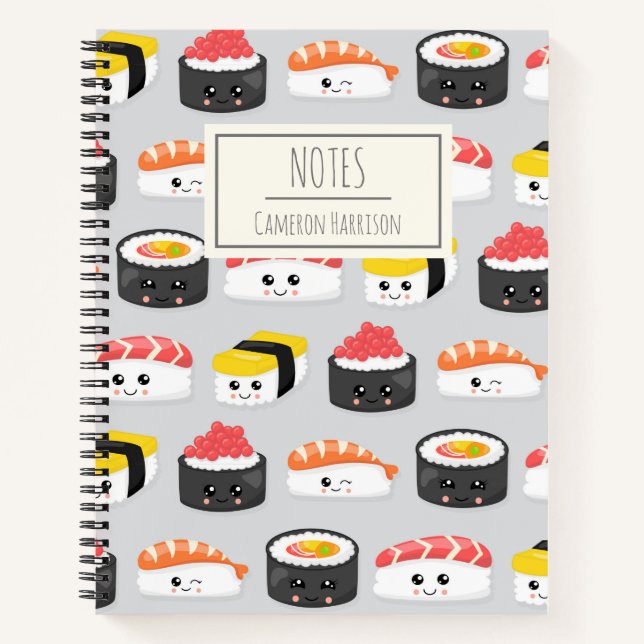 Cute Kawaii Sushi Pattern Personalised Notebook (Front)