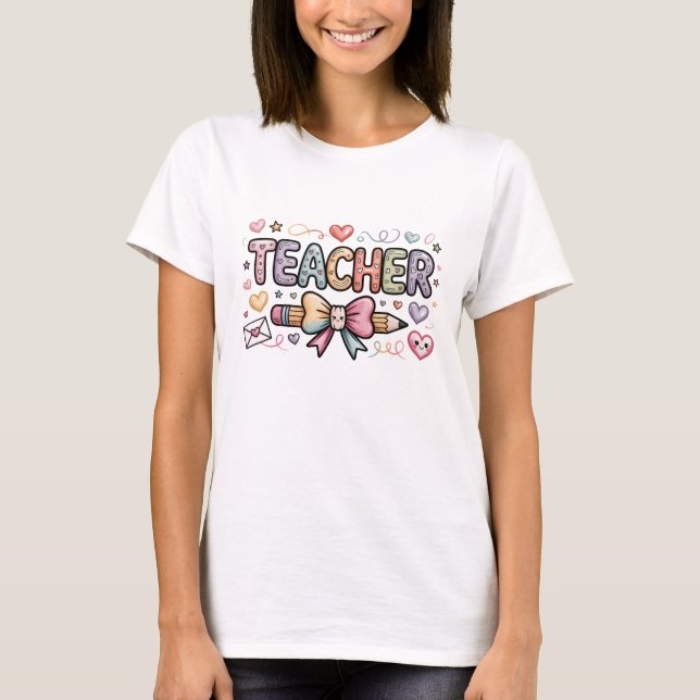 Cute Kawaii Teacher Pastel Hearts and Pencil Art T-Shirt (Front)