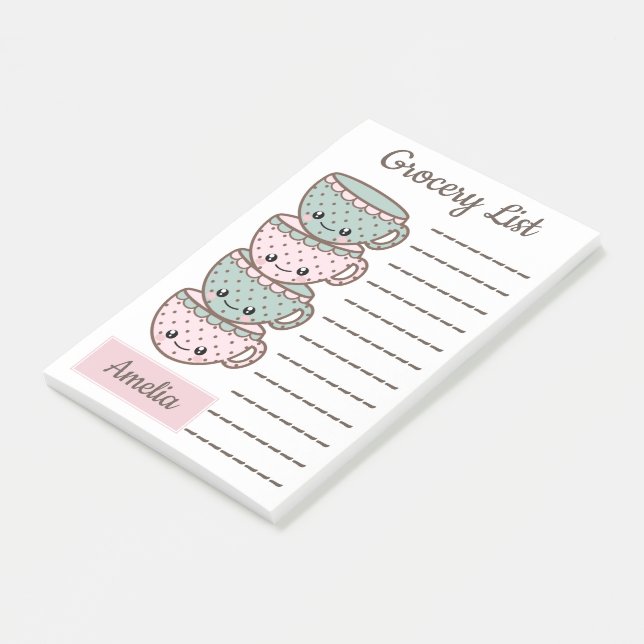 Cute Kawaii Teacups Personalised Grocery List Post-it Notes (Angled)