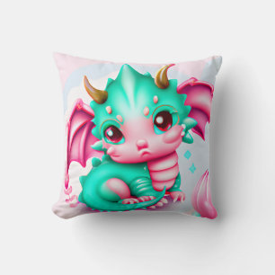 Cute Kawaii Teal and Pink Baby Dragon Cushion