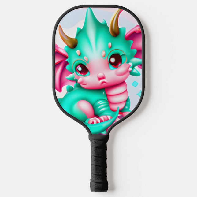 Cute Kawaii Teal and Pink Baby Dragon Pickleball Paddle (Front)