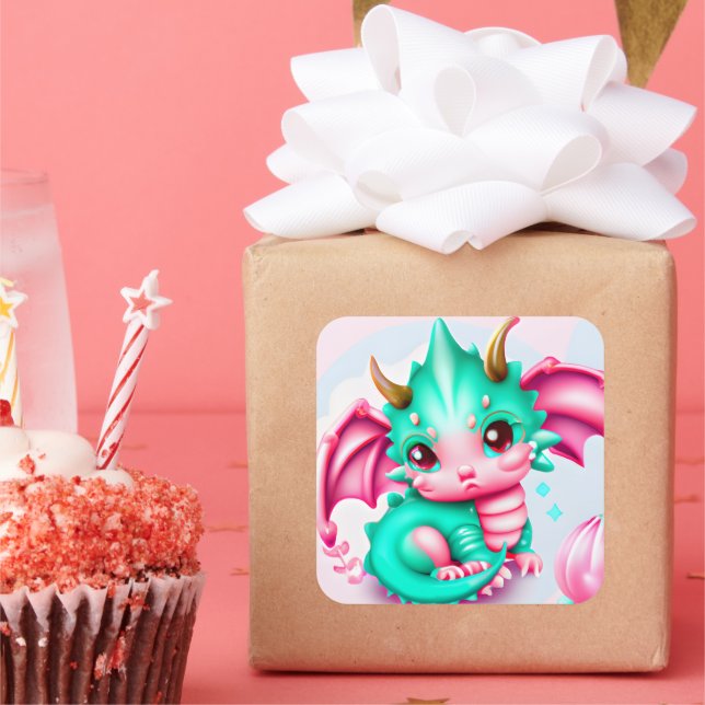 Cute Kawaii Teal and Pink Baby Dragon  Square Sticker (Party)