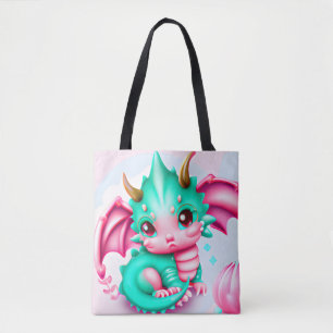 Cute Kawaii Teal and Pink Baby Dragon Tote Bag