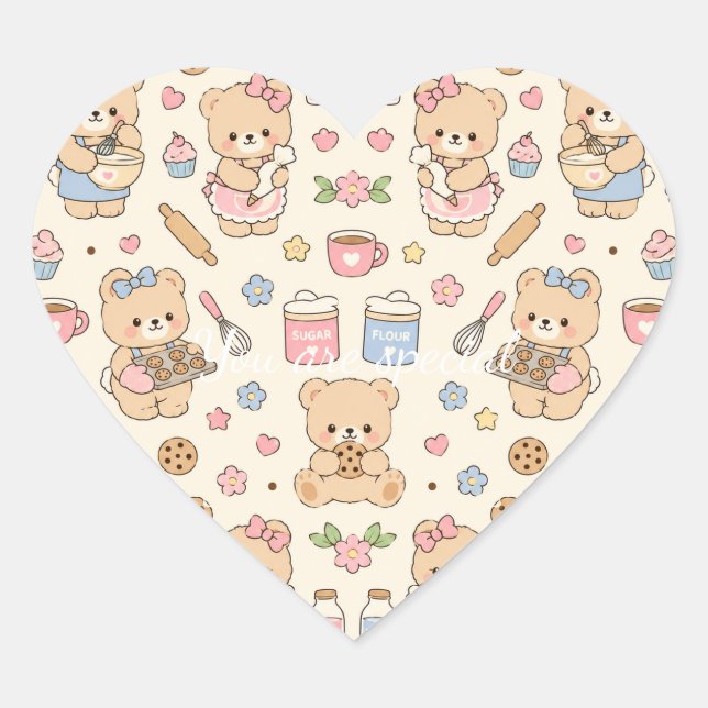 Cute Kawaii Teddy Bear Baking Pattern | Cozy Kitch Heart Sticker (Front)