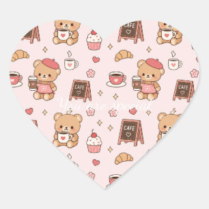 Cute Kawaii Teddy Bear Coffee Shop Pattern Cozy Heart Sticker