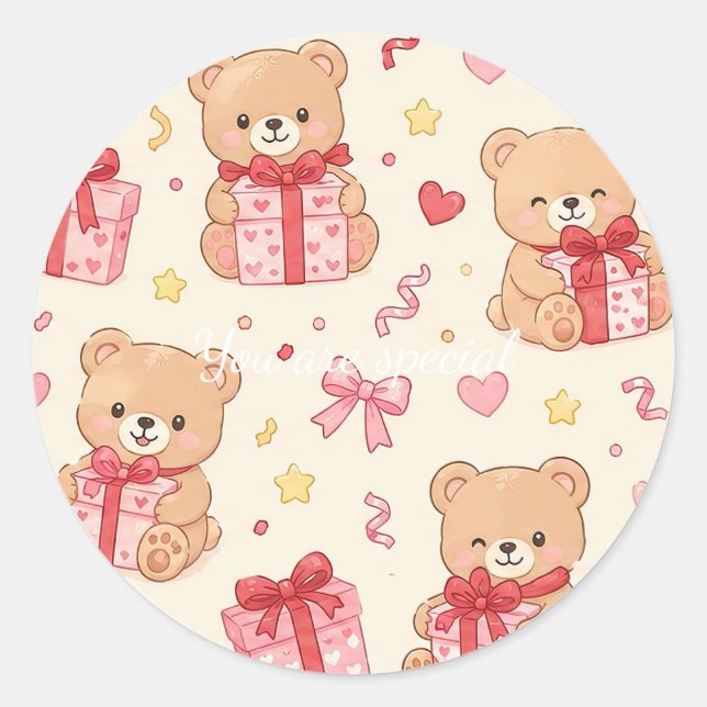 Cute Kawaii Teddy Bear Heart Gift Pattern Classic Round Sticker (Front)
