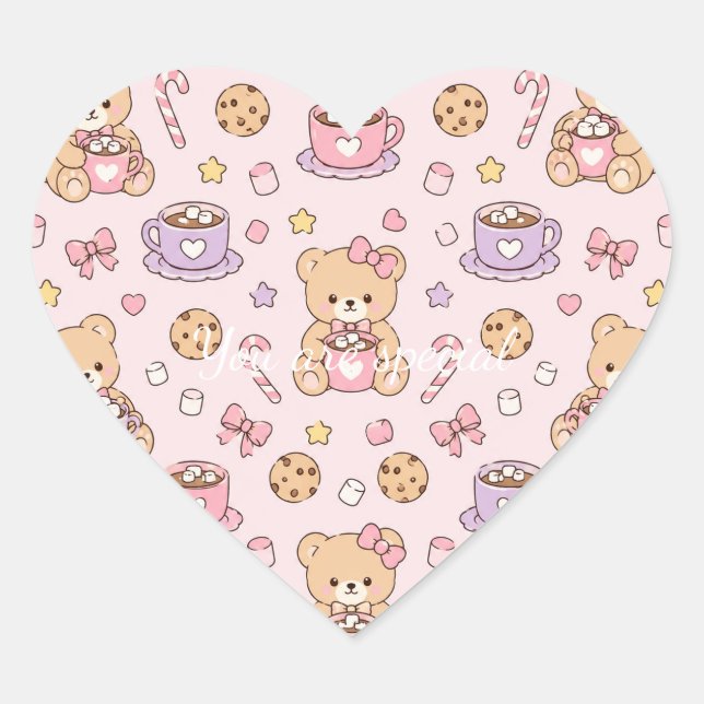 Cute Kawaii Teddy Bear Hot Cocoa Pattern | Pink  Heart Sticker (Front)