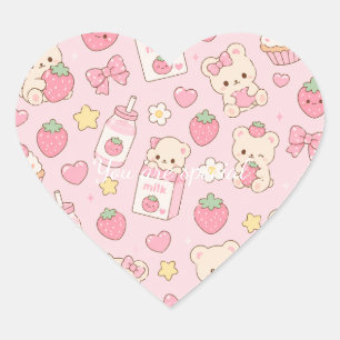 Cute Kawaii Teddy Bear Strawberry Pattern   Pink  Heart Sticker