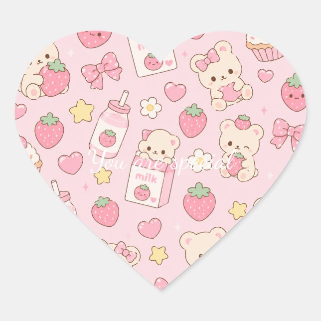 Cute Kawaii Teddy Bear Strawberry Pattern | Pink  Heart Sticker (Front)