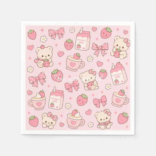 Cute Kawaii Teddy Bear Strawberry Pattern Sticker  Napkin (Front)