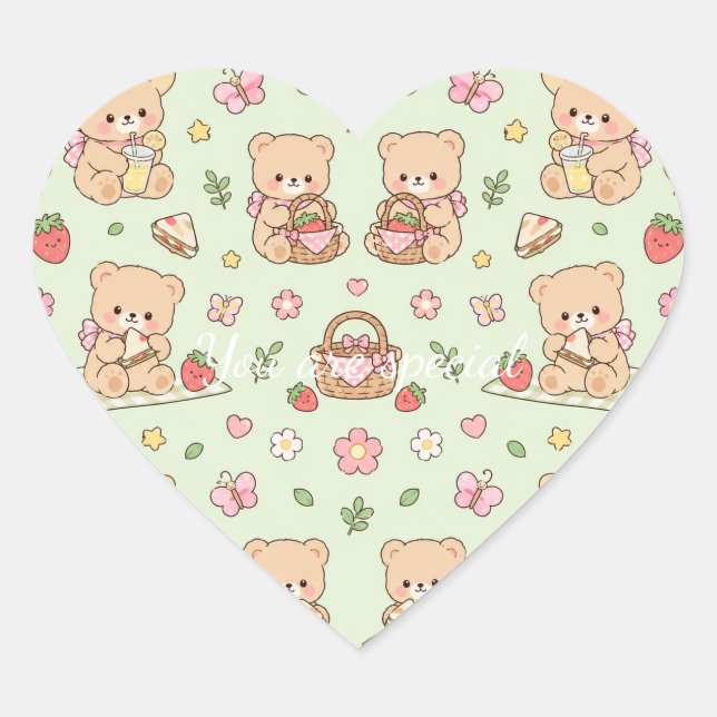 Cute Kawaii Teddy Bear Strawberry Picnic Pattern  Heart Sticker (Front)