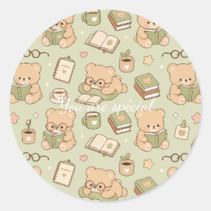 Cute Kawaii Teddy Bear Study Pattern Cozy Readin Classic Round Sticker