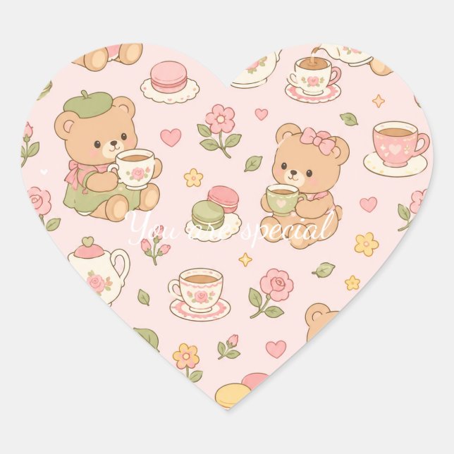 Cute Kawaii Teddy Bear Tea Party Pattern | Pastel  Heart Sticker (Front)