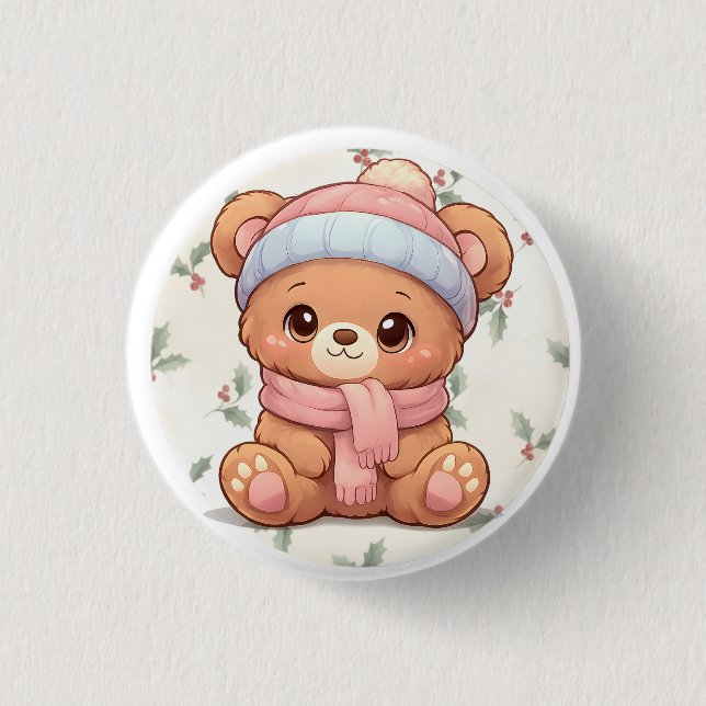 Cute Kawaii Teddy Bear Winter Button (Front)