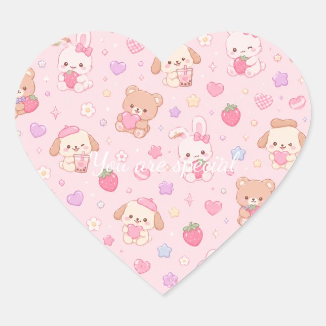 Cute Kawaii Teddy Bears & Strawberries Pattern  Heart Sticker (Front)