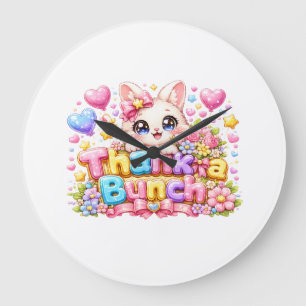 Cute Kawaii Thank a Bunch Cat Name Pastel Pink Flo Large Clock