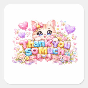Cute Kawaii Thank a Bunch Cat Name Pastel Pink Flo Square Sticker