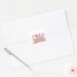 Cute Kawaii Thank a Bunch Cat Name Pastel Pink Flo Square Sticker