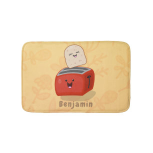 Cute kawaii toast and red toaster cartoon bath mat
