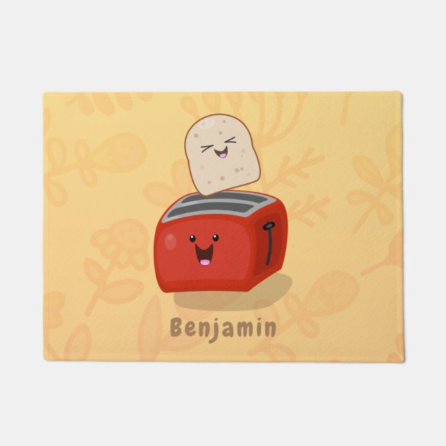 Cute kawaii toast and red toaster cartoon doormat (Front)