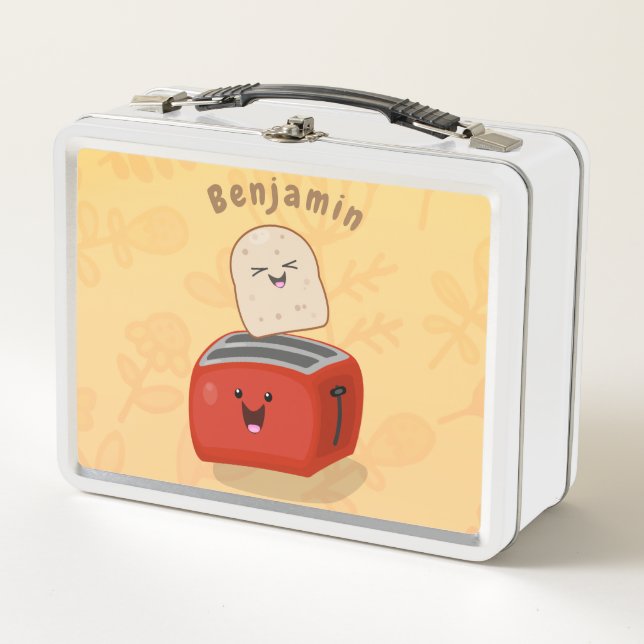 Cute kawaii toast and red toaster cartoon metal lunch box (Front)